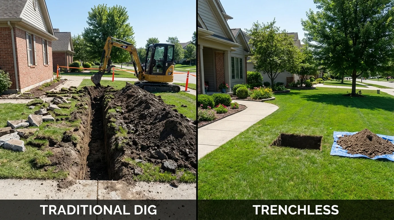 Trenchless sewer repair with minimal yard damage versus traditional excavation in Chillicothe, IL