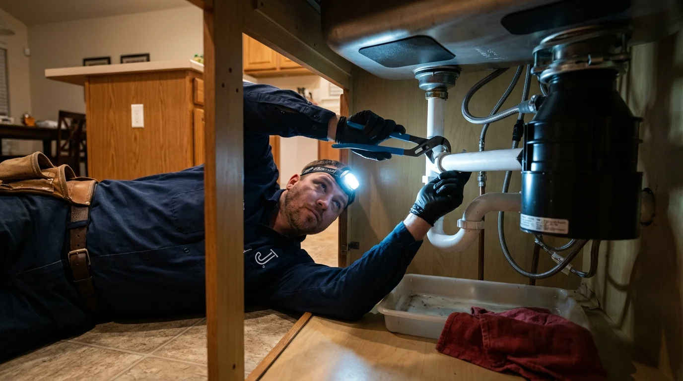 P-trap and supply line connections under a kitchen sink showing a common leak point in Chillicothe, IL